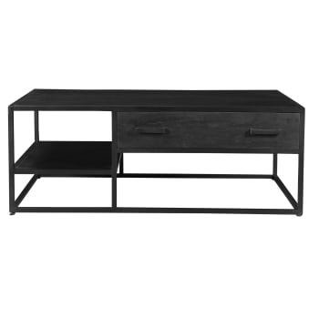 Uzes - UZES-Table basse 1 tiroir, 120x70 cm en Manguier massif noir et métal