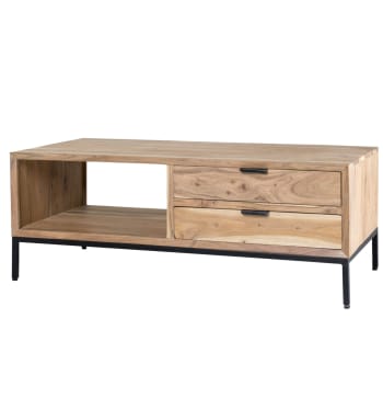 Urban - Table basse 2 tiroirs 120x60 en bois d'Acacia massif et métal