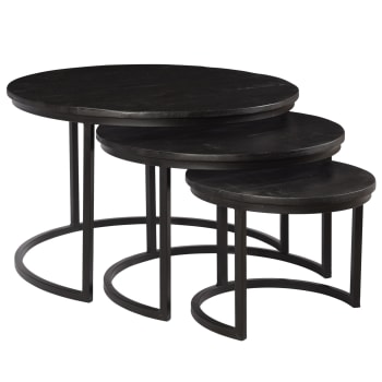 Luz - LUZ-Set de 3 Tables basses rondes en Manguier teinté noir et métal