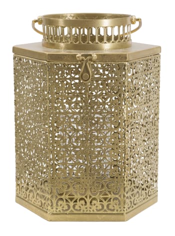 GOLDY - Lanterna in metallo dorata con intagli cm 25x21x33
