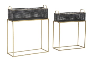 Set di 2 Portavasi in Metallo Nero di Forma Rotonda Supporto per Piante