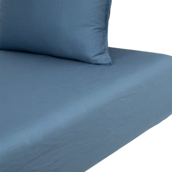 Palerme - Drap housse en satin de coton lavé bleu 140 x 200 cm