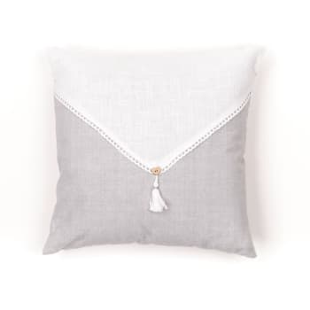 Charme - Coussin déhoussable avec pompon en coton gris clair 40x40