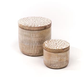 Mango wood - Lot de 2 boîtes rondes en bois beige 15x15x15