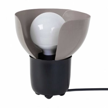Lotus - Lampe à poser, base en métal texturé noir, abat-jour taupe