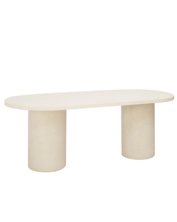 Lucía - Mesa de comedor ovalada de microcemento en tono blanco roto 220x75cm