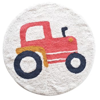 Vehicules - Tapis enfant rond coton tufté blanc et rouge 80x80cm