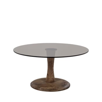 Boogie - Table basse ronde en verre et bois de manguier D70cm bois foncé