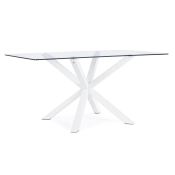 MAY - Tavolo rettangolare gambe in legno bianco, piano in vetro 160x90cm