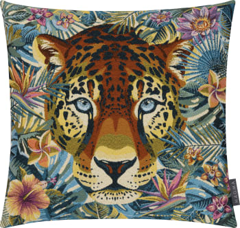 Exotique - Housse de coussin jacquard polyester tête léopard multicolore - 45x45
