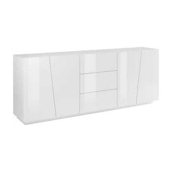 Dmicill - Highboard mit 4 Türen und 3 Schubladen in Holzeffekt weiß glänzend