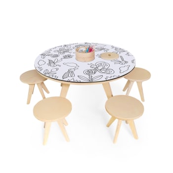 LITTLE FRIENDS - Table à dessiner multifonction XXL en bois D90 cm et 4 tabourets