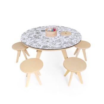 DRAWIN'KIDS X OMY - Table à dessiner multifonction XXL en bois D90 cm et 4 tabourets