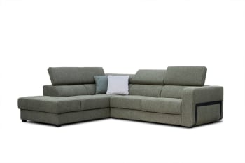 Bergo - Canapé d'angle gauche 5 places en tissu vert avec coussins déco