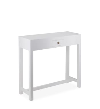 Tavolo Consolle Bianco In Pino Massello E Rattan – 80x30x75 Cm, Con 2 Cassetti, Stile Scandinavo, 12,35 Kg