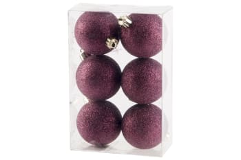 6 Weihnachtskugeln Glitter aus Kunststoff, violett, D6 cm