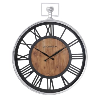 Wanduhr, Holz und Silber, 60cm, schwarz