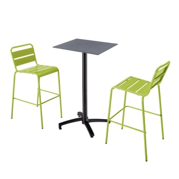 Opéra - Ensemble table haute stratifié gris et 2 chaises hautes vert