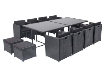 Miami - Table et chaises 12 places encastrables en résine noir/noir