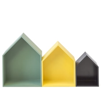 Estantes casita set 3 mdf verde, amarillo y negro 37,5x29x12cm