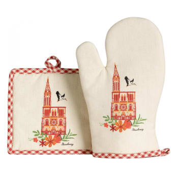 Cathedrale - Lot gant de cuisine / manique Cathédrale en coton rouge/ecru 18 x 28