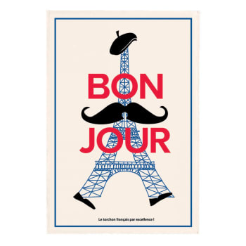 Paris - Torchon bonjour en coton ecru 48 x 72