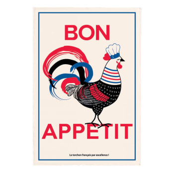 Torchon Coq et poule, sur fond écru, rectangulaire, 50x70 cm, 100% coton