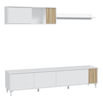 SUMMER - Mueble TV con estante 4 puertas, color Blanco Artik y madera