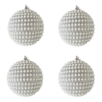 Set 4 palle di Natale con perline in plastica color argento