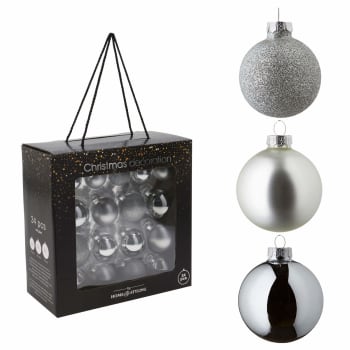Set de 34 bolas para árbol de Navidad surtidas en vidrio color plata