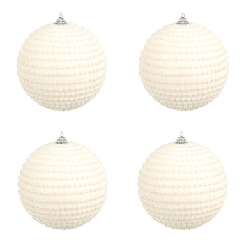 Set 4 palle di Natale con perline bianche in plastica diametro 10 cm