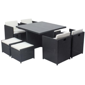 Miami - Table et chaises 8 places encastrables en résine noir/blanc