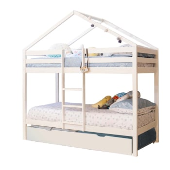 Happy - Litera casita + cama elevable madera blanco 90x190/90x190cm