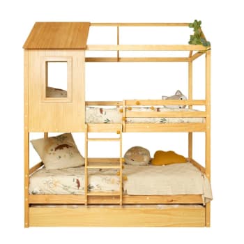 Casita - Litera + cama de arrastre madera pino  90x190/90x190cm