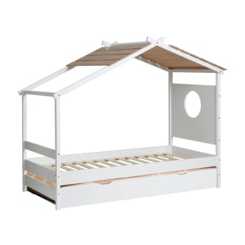 Hansel - Cama cabaña + cama elevable madera blanco 90x190cm