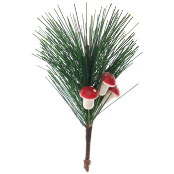 Rama artificial de pino con 3 mini setas rojas y blancas - 13 cm