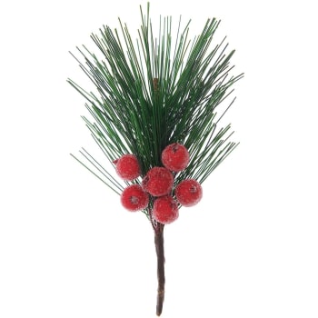 Rama de pino artificial con bayas rojas escarchadas - 14 cm