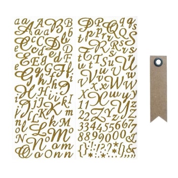 Pegatinas letras y figuras doradas con brillo + 20 etiquetas kraft