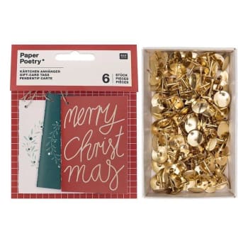 6 tarjetas colgantes de feliz navidad + 150 chinchetas de metal dorado