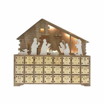 Calendario de Adviento en forma de casa marrón con 24 cajones y luces