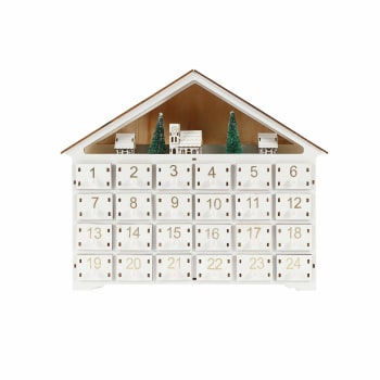 Calendario de Adviento en forma de casa blanca con 24 cajones y luces