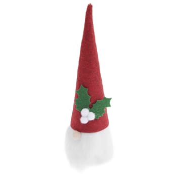 Elfo de navidad de fieltro con gorro rojo y acebo - 16,5 x 5 cm