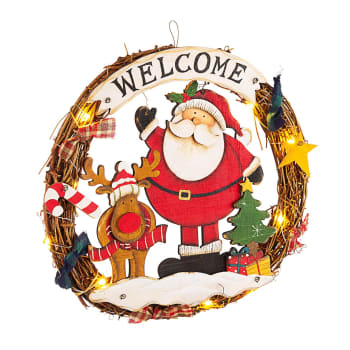 Corona natalizia per porta Appendibile con Babbo Natale e Led Ø 31 cm