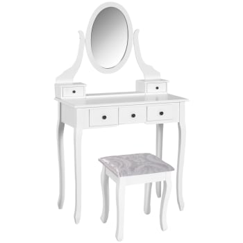 Coiffeuse et tabouret style baroque 5 tiroirs miroir pivotant blanc