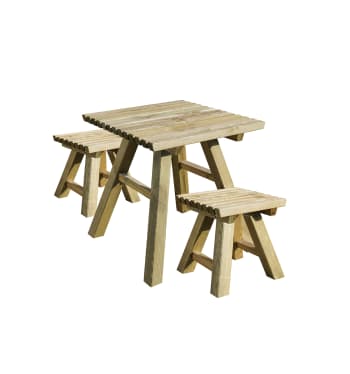 Set 1 Tisch 2 Hocker aus Holz
