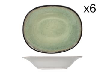 FEZ - Lot de 6 Assiettes creuses ovales en Grès, vert, 17,5X21,5 cm
