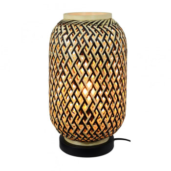 Minelle - Lampe base métal noir & abat-jour tressé en bambou noir et naturel