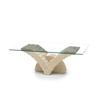 PAPILLON - Tavolino basso da caffè in pietra fossile beige cm 120x70 40h