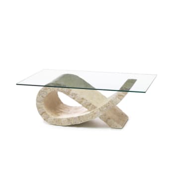 FIOCCO - Tavolo basso in pietra fossile top vetro temperato beige cm 120x70 37h