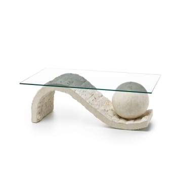 ONDA - Tavolino basso in pietra fossile top in vetro beige cm 120x70 37h